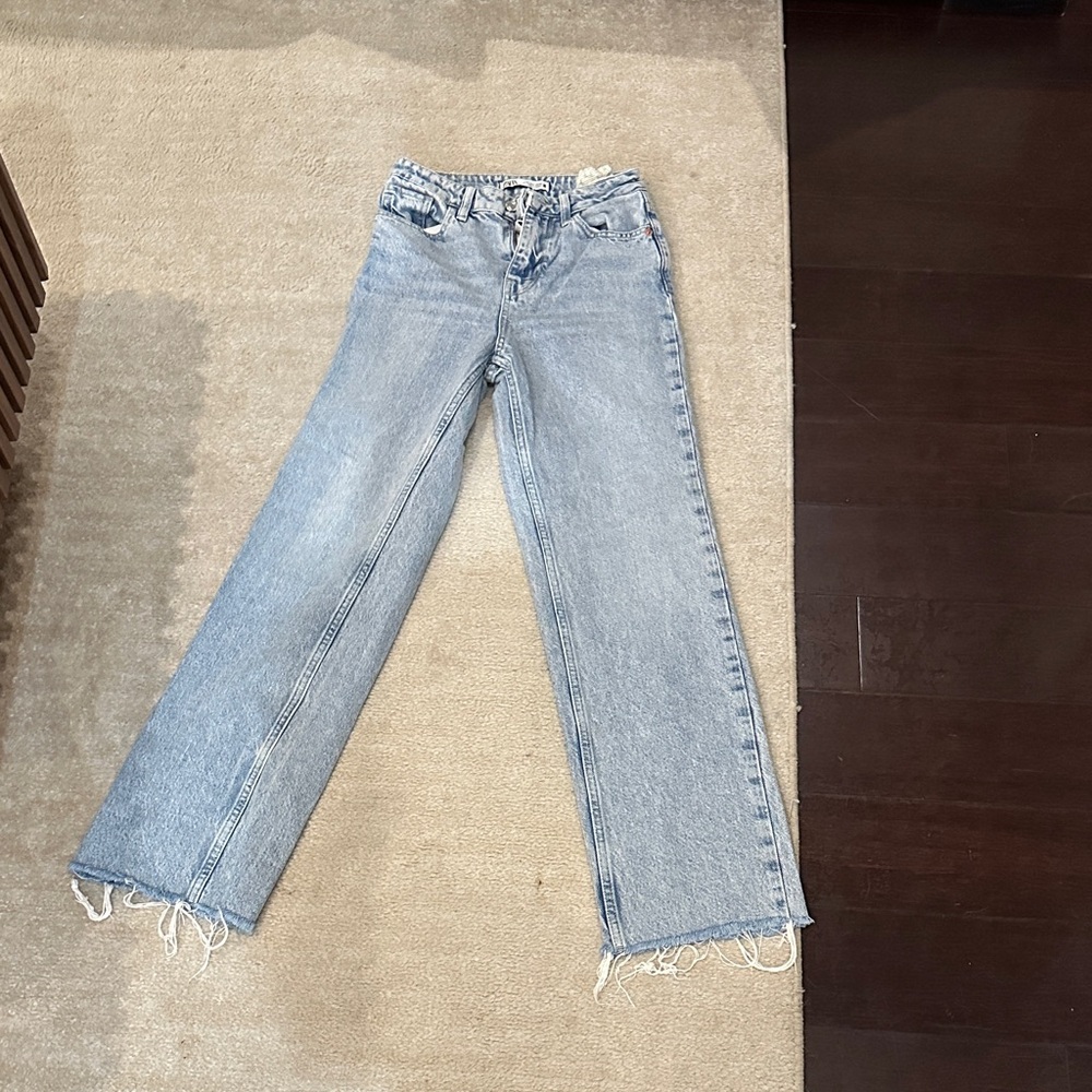 Zara Light Blue Flare Jeans with Frayed Hem